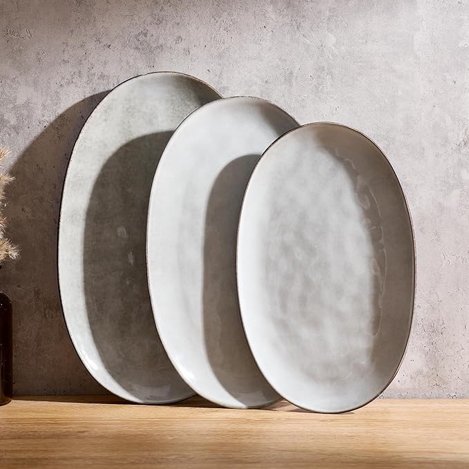 famiware Serving Platter, Oval 15.59/14.3/12.9inch Serving Dishes for Entertaining, Serving Bowls, Reactive Glaze, Stoneware Serving Trays for Party, Food, Turkey, Cheese, Ocean Series, Grey