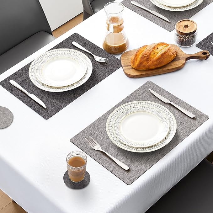 MOSAYT Placemats Set of 8, Heat Resistant Vinyl Place Mats with Coasters, Wipeable Washable Waterproof Oil Proof Faux Leather Table Mats for Kitchen Dining Party Outdoor, 12" x 17", Dark Light Grey