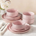 TheTerra Ceramic Dinnerware Sets for 4, 12 Pieces Handmade Reactive Glaze Plates and Bowls Set, Scratch Resistant Dish Set, Oven & Microwave & Dishwasher Safe, Sakura Pink