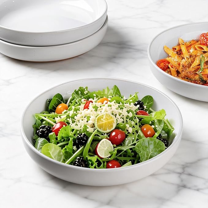 AmorArc 8.75'' Large Ceramic Pasta Bowls, 38oz Handpainted Stoneware Bowls Set of 4, Microwave&Dishwasher Safe Bowls with Rustic Terracotta Underside for Pasta Salad, White