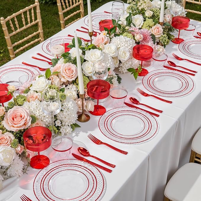 Ciaell 150 PCS Red Plastic Plates – Clear Hammered Disposable Plates with Red Rim include 50Plates, 25Forks, 25Knives, 25Spoons, 25Cups for Wedding & Party & Anniversary & Valentine's Day