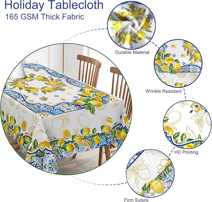 Lemon Tablecloth 60 x 104 Inch Rectangle, Yellow and Blue Mediterranean Summer Decor Tile Flower Pattern Table Cloth Italian Themed Decor for Party Oblong Table Cover for Dining Room