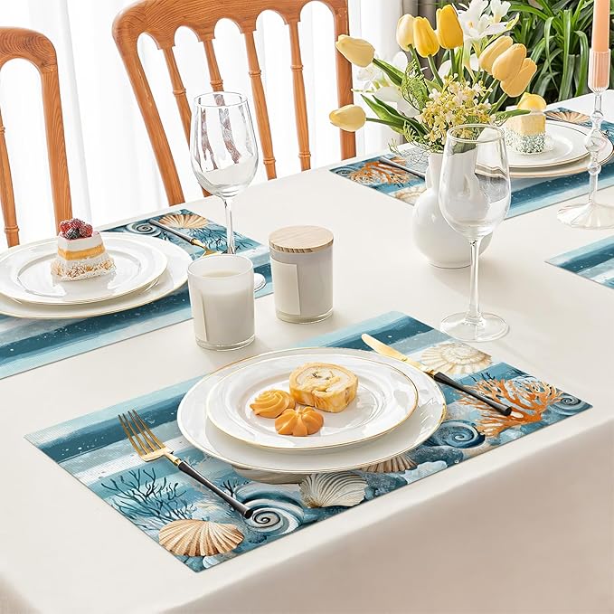 Ocean Seashell Placemats Set of 4, Beach Starfish Place Mats, Coastal Marine Life Waterproof Washable Table Mats for Home Party Indoor Kitchen Dining Table Decoration 12x18 Inch