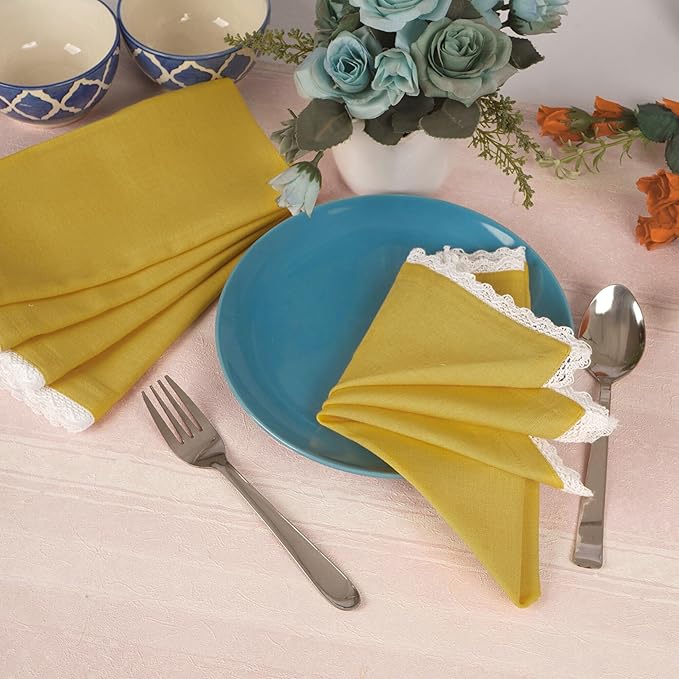 FINGERCRAFT Dinner Cloth Napkin Cotton Linen Blend 12 Pack Mitered Corners with Elegant Lace for Everyday Use Napkins are Pre Shrunk and Good Absorbency 20in x 20in, Gold