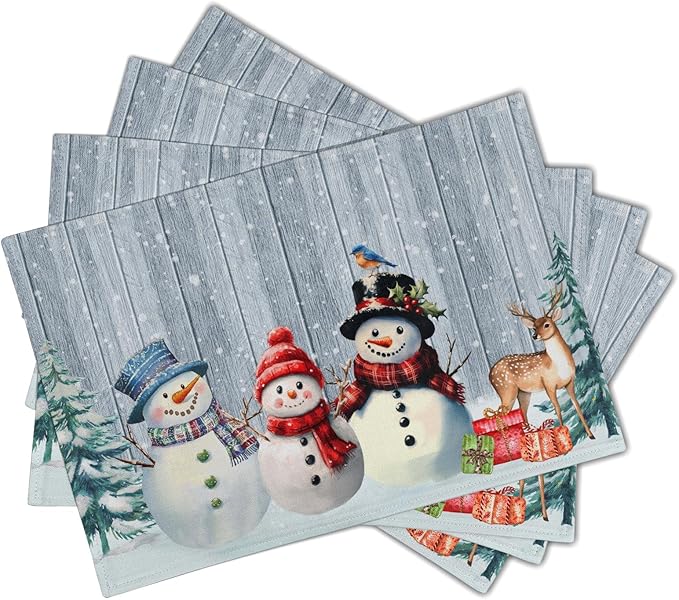 Winter Snowman Placemats Set of 4 - Xmas Tree Reindeer Snow Place Mats 12x18 Grey Wood Table Mats Kitchen Mats for Party Dining Table