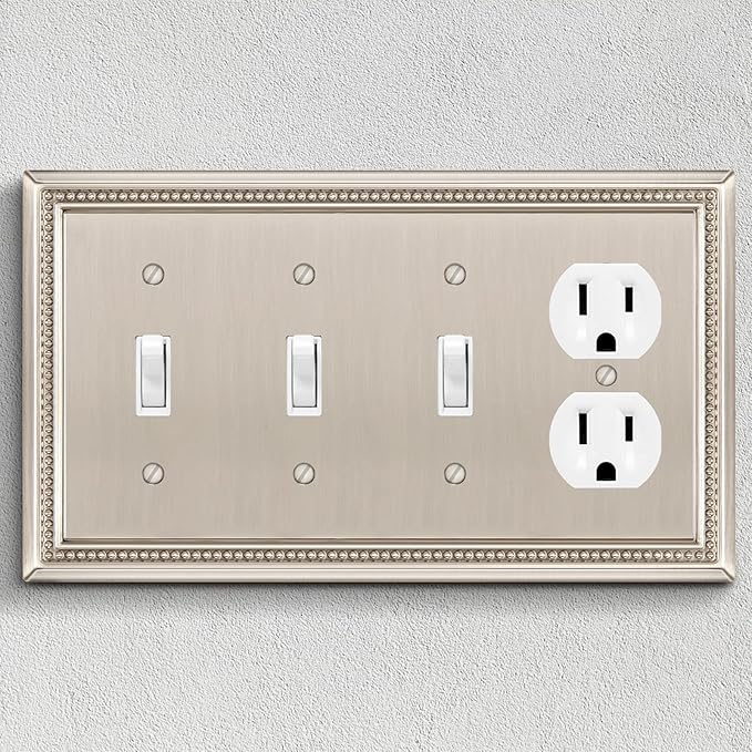 Henne Bery Sunken Pearls Heavy Duty Decorative Wall Plate Switch Plate Outlet Cover (Triple Toggle/Single Duplex, Satin Nickel)
