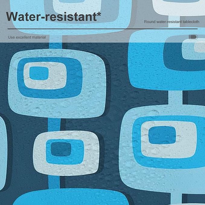 Mid Century Boho Round Tablecloth, Blue Mid Century Modern Art Abstract Geometric Pattern Retro Vintage Style Tablecloth for Home Party Dining Room Kitchen Decor 70Inch(178cm)