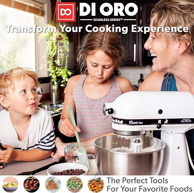 DI ORO Silicone Spoons for Cooking - Large Kitchen Spoons for Mixing, Serving, & Stirring - 600°F Heat-Resistant Non Stick Utensils – Big Solid & Slotted Basting Spoons - Dishwasher Safe (2pc, Sage)