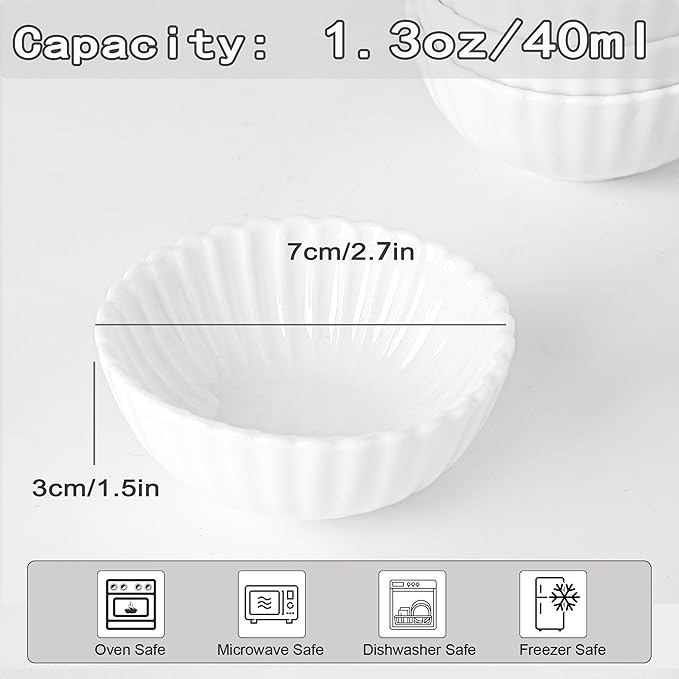 UIBFCWN 12 Pack 1.3Oz Soy Sauce Dish Ceramic, White Dipping Sauce Bowls/Dishes, Small Dipping Cups for Sushi Ketchup Olive Oil Side Dishes, Mini Dip Bowls for Charcuterie Boards - 2.7inch