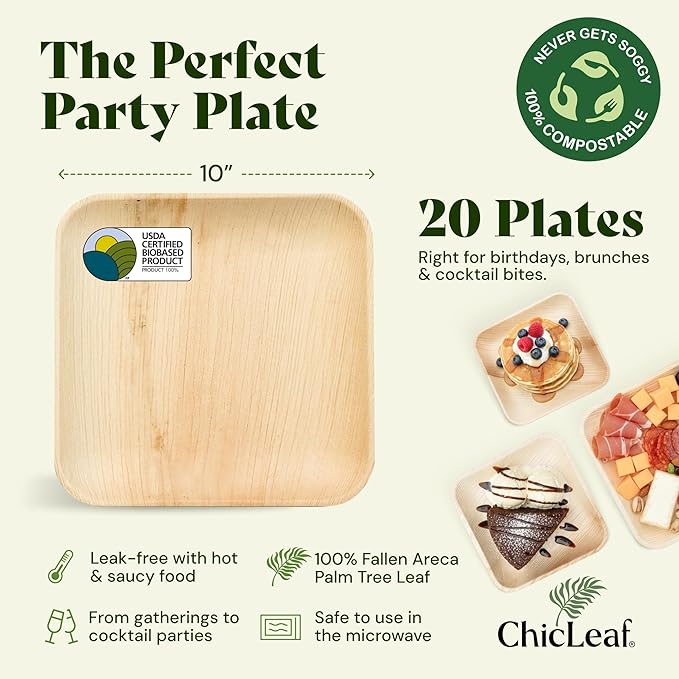 Chic Leaf Palm Leaf Disposable Bamboo Plates – Square, Biodegradable & Compostable Party Plates for Weddings, Parties & Events, Romantic Table for Valentine's Day Dinner (10", 20 Pack)