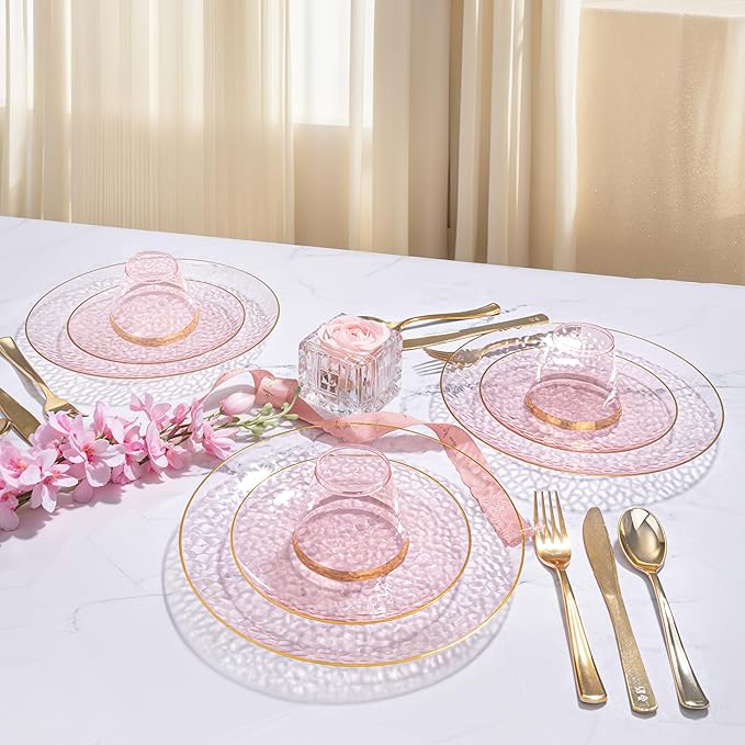DaYammi 60PCS Pink Gold Plastic Plates - 10 inch Pink Plastic Dinner Plates - Hammer Pattern Design - Fancy Clear and Gold Disposable Plates Ideal for Mother's Day