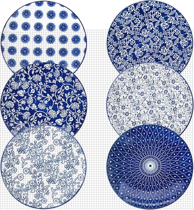 Ceramic Dinner Plates Set - 10.5 Inch Large Kitchen Porcelain Salad Serving Plate for Pasta Steak Pizza Pancakes - Scratch Resistant Dishwasher Oven Microwave Safe - Set of 6 - Vintage Blue