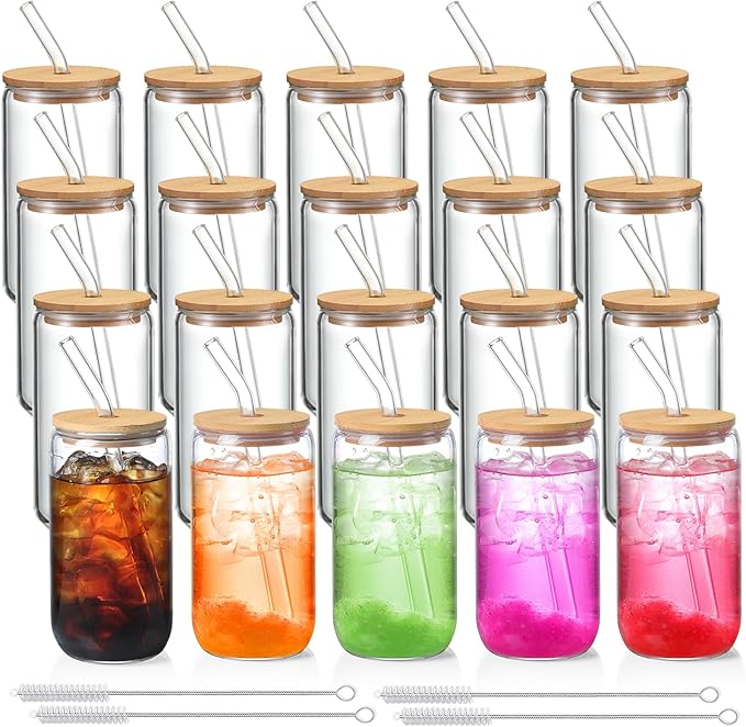 NETANY 20 Pack Glass Cups with Lids and Straws 16 oz, Personalized Customizable Glasses for Gift, Business, Drinking glasses set, Iced Coffee Cup, Cute Aesthetics Tumbler for Tea, Homemade Drinks