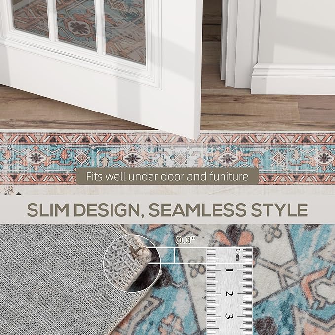 HOMCOM Washable Area Rug, 5'x7' Vintage Indoor Distressed Carpet, Retro Floor Cover Foldable, Floral Print Mat for Living Room, Bedroom, Dining Room, Brown and Blue