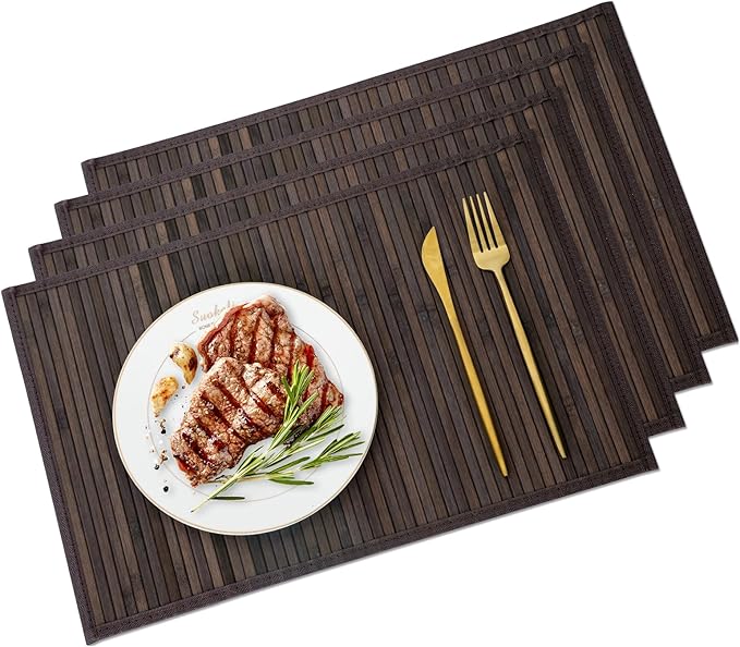 Bamboo Placemats with Fabric Border Set of 4 Natural Bamboo Rectangular Rolling Table Mats for Dining Kitchen Table Heat Resistant Table Protection Dark Brown