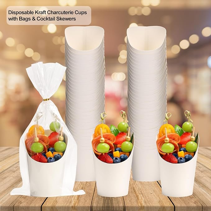 Disposable Charcuterie Cups 120 PCS with 200PCS Sticks and 120PCS Bags, 14 oz Kraft Paper Snack Boxes Appetizers Cup French Fry Holder with Cocktail Skewers Toothpicks Tooth Picks, White