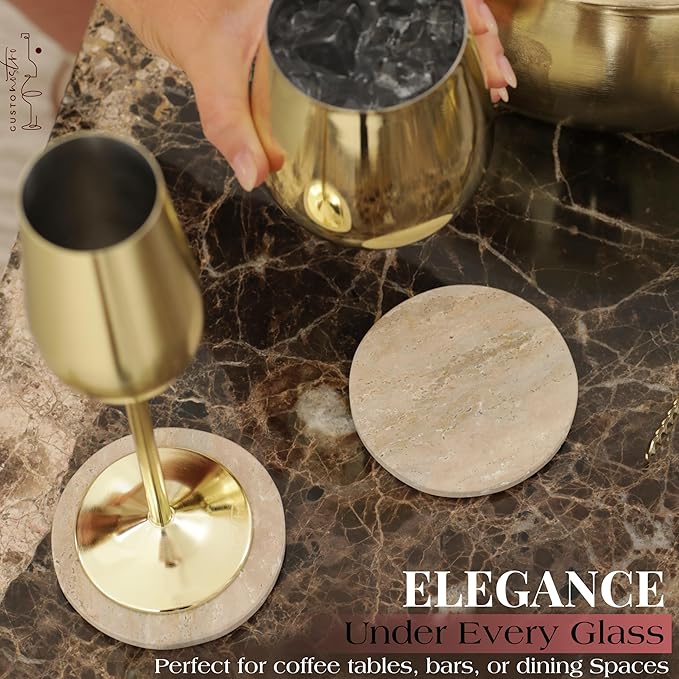 Gusto Nostro Neutral Travertine Coasters - Absorbent Stone Coasters Set of 8 - High-end, Natural Limestone Coaster for Drinks - Anti-Slip Felt Backing Travertine Coaster for Countertop, Coffee Table