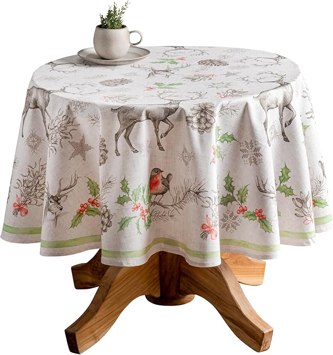 Maison d' Hermine Table Cloth Round Table 100% Cotton 69 Inches Fall Tablecloth Reusable Everyday Use for Thanksgiving Christmas Decorations Dining Farmhouse Party (Christmas Dew)