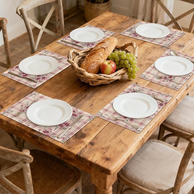 Colorful Floral Spring Plastic Placemats Set of 6 Cute Flowers Pink Place Mats Washable Kitchen Dining Linen Table Mats Stain Heat, for Home Party Indoor 12x18 in