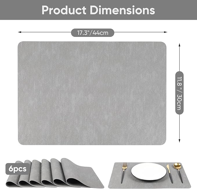 Gray Reversible Faux Leather Placemats – Set of 6 Waterproof, Heat-Resistant & Easy-to-Clean Table Mats for Modern Dining