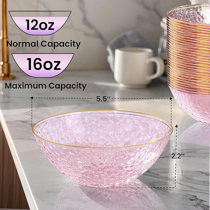 I00000 20 Pack 12 Ounce Pink Plastic Bowls Hammered Gold Rimmed Crystal Like, Heavy duty Disposable Bowl Set,Elegant Soup/Salad/Dessert/Ice Cream Small Bowls For Valentine's Day Party, Weddings