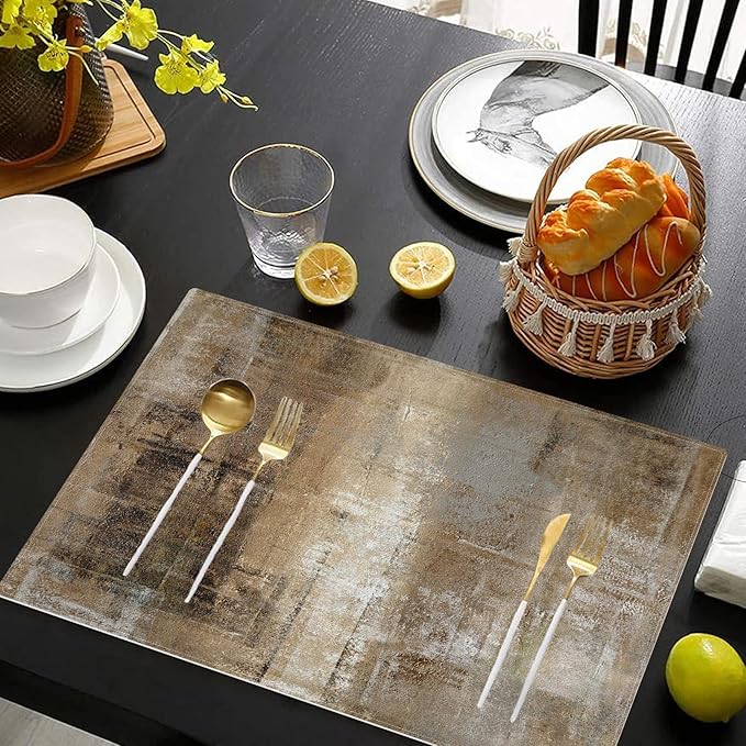 Brown Gray Placemats Set of 4 Modern Place Mats Indoor Abstract Art Table Mat Washable Linen Waterproof Heat Resistant Placemats for Dining Tables, 18 X 12 Inch