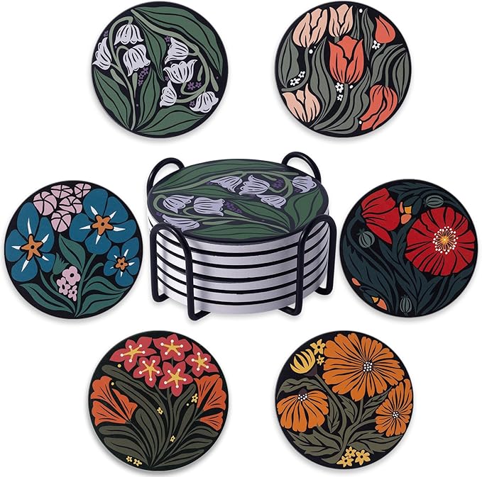 Coasters Absorbent Ceramic Coaster Drink Coasters with Cork Back Beautiful Artistic Flowers Set of 6 Round Coaster Non Slip for Coffee Table Wine Glass Home Bar 4 Inch, Colorful