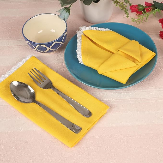 FINGERCRAFT Dinner Cloth Napkin Cotton Linen Blend 4 Pack Mitered Corners with Elegant Lace for Everyday Use Napkins are Pre Shrunk and Good Absorbency Lemon