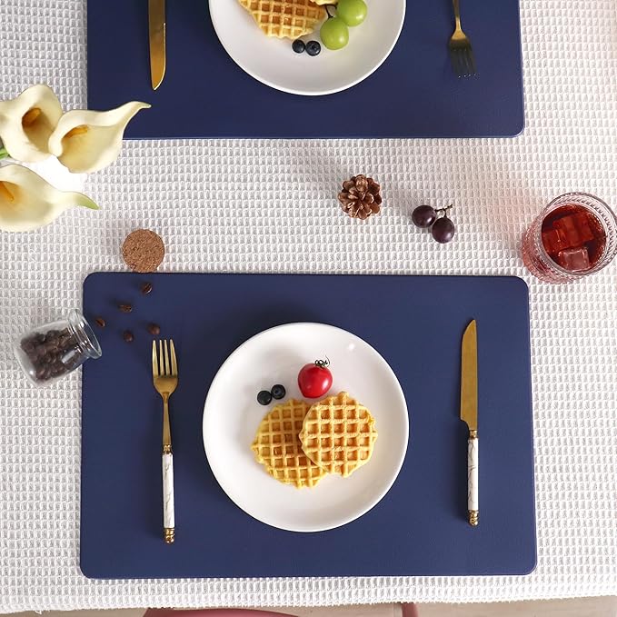 Faux Leather Placemats HeloHo Navy Blue Table Place Mats Set of 6 Waterproof Oilproof Heat Stain Resistant Washable Wipeable Placemat for Kitchen Dining Table Decoration Indoor Outdoor