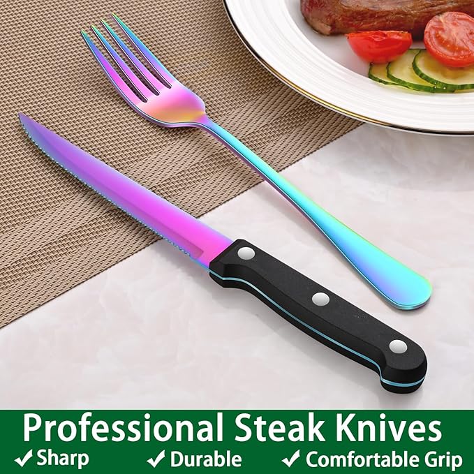 Rainbow 24 Pieces Stainless Steel Silverware Sets With Steak Knives Service For 4,Colorful Eating Utensils Set Includes Knife Spoon Fork For Kitchen Flatware Sets