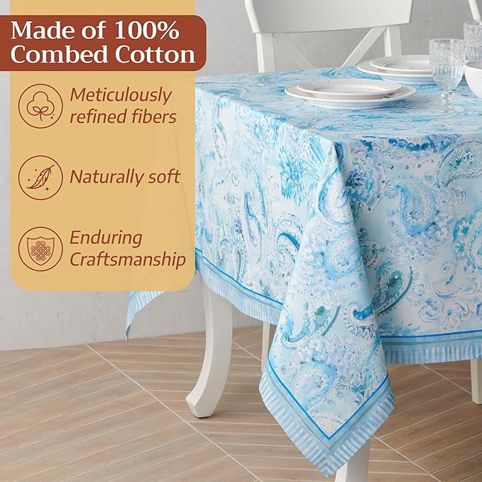 Maison d' Hermine Premium Table Cloth Rectangle Table 100% Combed Cotton 140 x 70 Inches Tablecloth Reusable Decorative for Dining Room, Farmhouse, Home, Party, Festive & Wedding - Paisley Blues