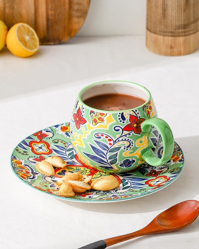 HENXFEN LEAD Boho Ceramic Coffee Mugs Set of 6 – 20 oz Large Porcelain Cups for Latte, Cappuccino, Tea, Cocoa & Soup – Microwave & Dishwasher Safe