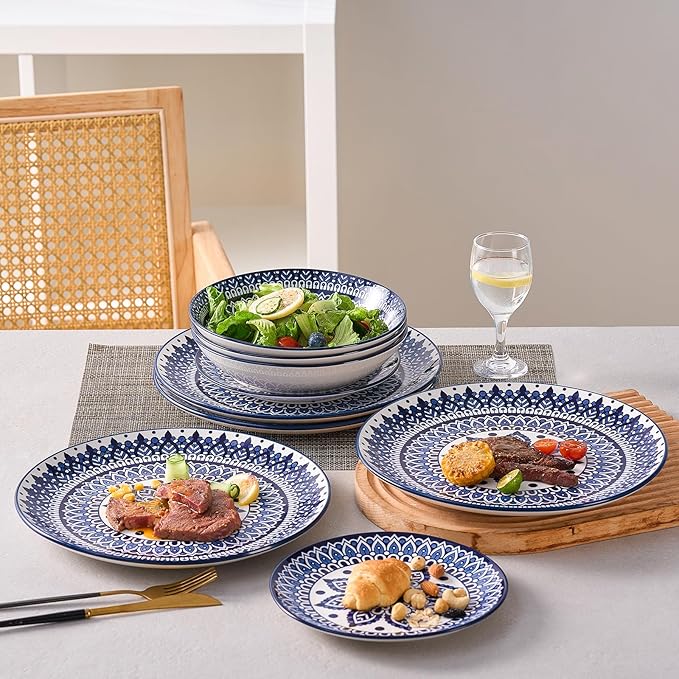 Bestone 12-Piece Round Porcelain Dinnerware Set, Service for 4, Chip Resistant Plates and Bowls,Blue, Dishwasher & Microwave Safe for Home Daily Use