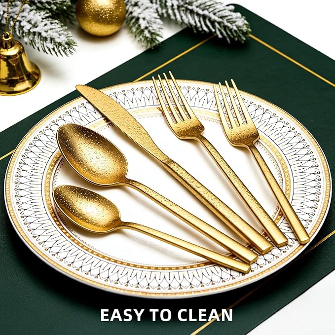 20pcs Matte Gold Cuboid Silverware, Stainless Steel Flatware Set, Service for 4, Forged Cutlery Set, Dishwasher Safe