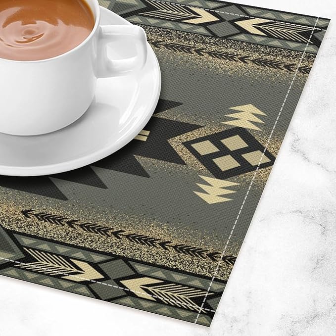 Aztec Southwest Placemats Rustic Tribal Geometric Decorative Table Mat Antique Native Heat Resistant Place Mats for Dining Kitchen Party Holiday Decor 12x18Inch Set of 6
