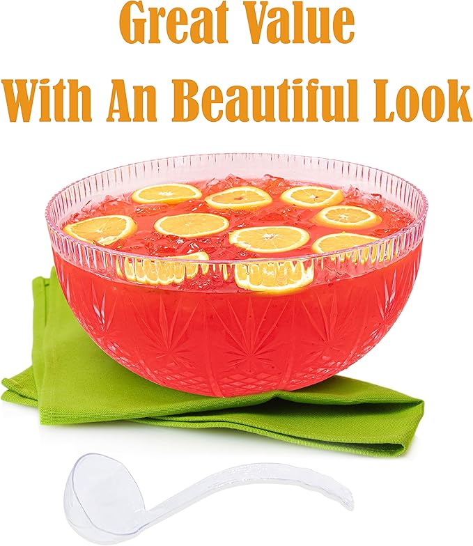 Upper Midland Products Crystal Cut Plastic Punch Bowl With Ladle 3 Gallon Large Bowls For Parties