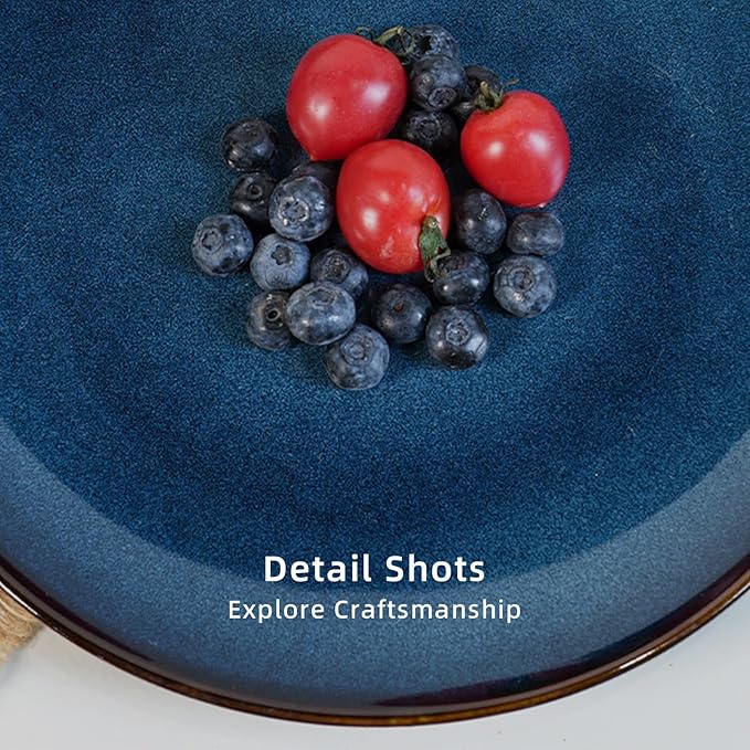 Organic Shape Highland Ceramic Dinner Plates, 6pcs 11.65 Inch Handmade Reactive Glaze Dinnerware Sets with Wavy Edge, for Kitchen, Microwave & Dishwasher Safe, Scratch Resistant-Blue