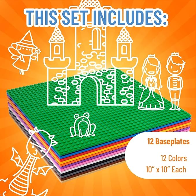 Strictly Briks Stackable Baseplates - 12 Pack 10"x10", 32x32 Studs, Compatible with Lego for Building City Scenes, Foundation, Displays Bricks on Play Table, Kids Easter Gift, Classic