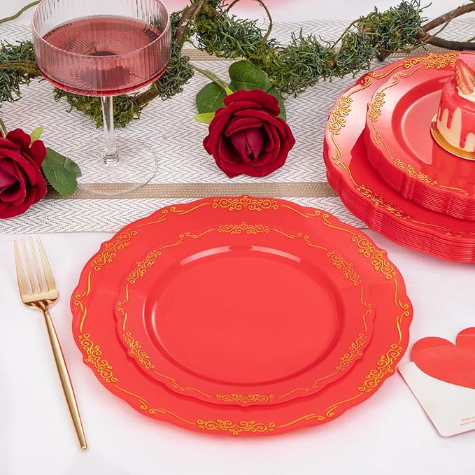 U-QE 100PCS Red Plastic Plates - Heavy Duty Red Disposable Plates Disposable with Gold Rim - Include 50PCS 10inch Dinner Plates and 50PCS 7.5inch Dessert/Salad Plates for Party