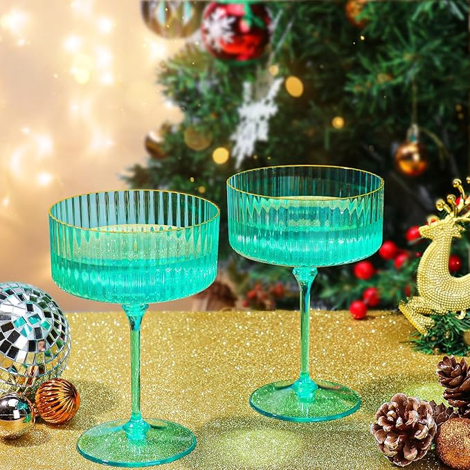 XUWAIDSGN 24 Pcs Champagne Martini Glasses 9 Oz with Gilded Removable Gold Rim Coupe Glasses Pink Martini Glasses Plastic Mimosa Vintage Coupe Glasses Set For Wedding Anniversary (24, Teal)