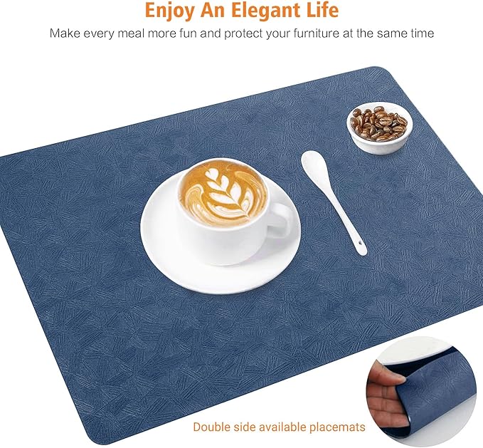 Vinyl Placemats Set of 6 Heat Resistant Easy Clean Non-Slip Place Mats for Dining Table Faux Leather Waterproof Stain Resistant Wipeable Washable PVC Table Mats(6, Blue)