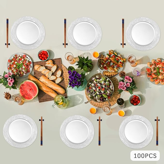 100 Pcs Silver Charger Plates Bulk, 13 Inch Antique Plastic Round Chargers Set, Textured Decorative Dinner Plates for Wedding Party Banquet Event Festival Table Decoration (Silver)
