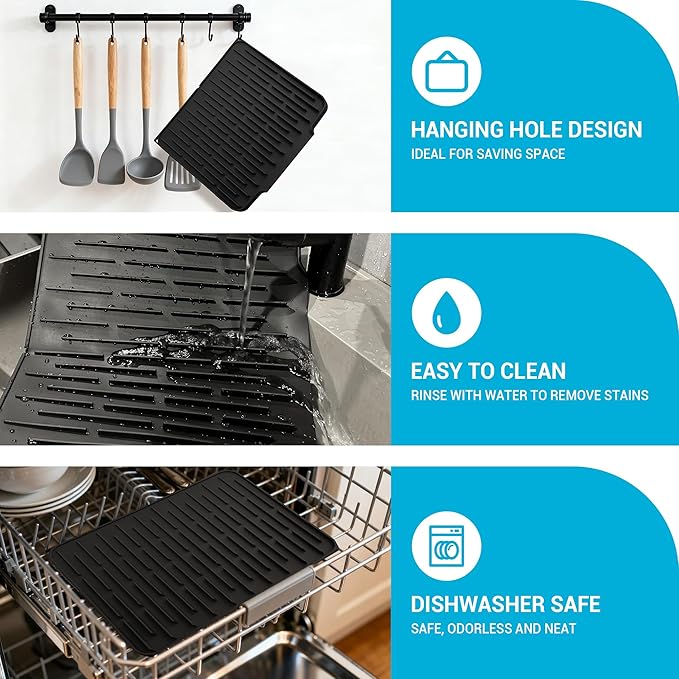 Silicone Dish Drying Mat for Kitchen Counter, Foldable & Heat Resistant Drying Pad with 5° Slope & Wide Drain, 15x12 Inch Non-slip Sink Mat for Bathroom and Countertop.(Black）