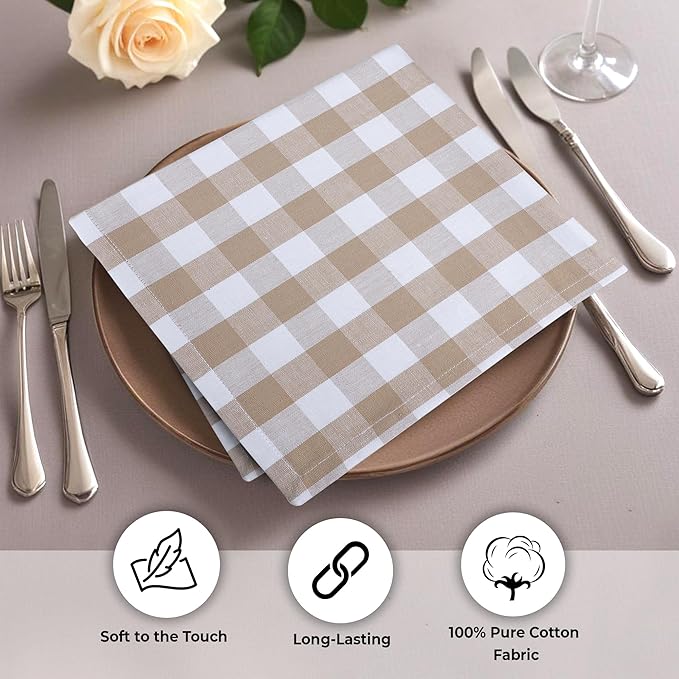 Urban Villa Cotton Dinner Napkins Set of 6, Highly Absorbent 20x20 Inches Premium Cloth Napkins Hotel Quality Reusable & Washable Table Dinner Napkins for Home & Weddings - Taupe/White, Checks