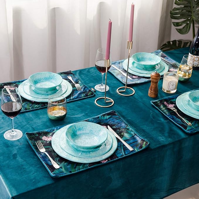12 Pcs Melamine Dinnerware Sets, Durable Dishware Melamine Dinner Plates for Indoor and Outdoor, Aqua Plates and Bowls Sets, Dishwasher Safe Shatter Proof Chip Resistant Not Microware Not Oven(Green）