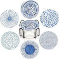 Drink Coasters Set of 6 with Holder, Blue Watercolor Series Absorbent Ceramic Coasters with Cork Base,Fit All Cups,Great Gift for Housewarming,Room Decor,Bar,Holiday Party