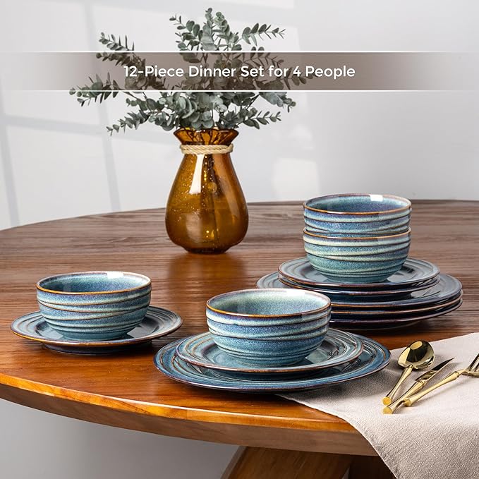 GBHOME Ceramic Dinnerware Sets,12 pcs Embossed Elegant Stoneware Plates and Bowls Sets, Housewarming Wedding Gift | Dishwasher & Microwave Safe | Dishes Set Service for 4,Ceylon Blue