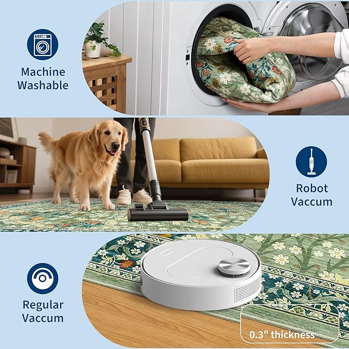 GarveeHome 2x6 Kitchen Runner Rug, Washable Rug for Hallway Non Slip Sage Green, Ultra-Thin Boho Soft Kitchen Runner Rug Botanical Carpet for Entryway, Laundry Room, Bedroom Floor Mat
