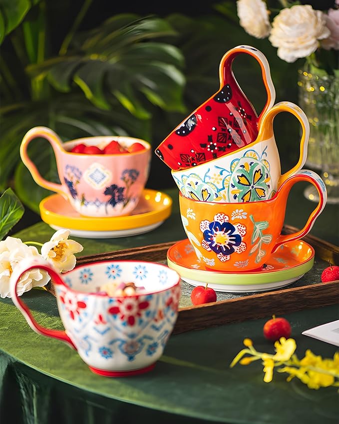 25oz Ceramic Soup Bowl with Handle – Handcrafted Floral Pottery Cereal & Ramen Bowl – Large Microwave & Dishwasher Safe Decorative Bowl for Everyday Use or Gift (Sunset Fiesta, 20oz)