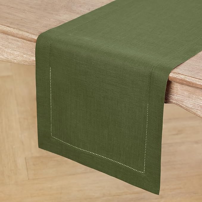 Solino Home Linen Table Runner 48 Inches - 100% Pure Linen Olive Hemstitch Table Runner 14 x 48 Inch Ideal for Dresser and Coffee Tables - Classic Hemstitch - St Patricks Day